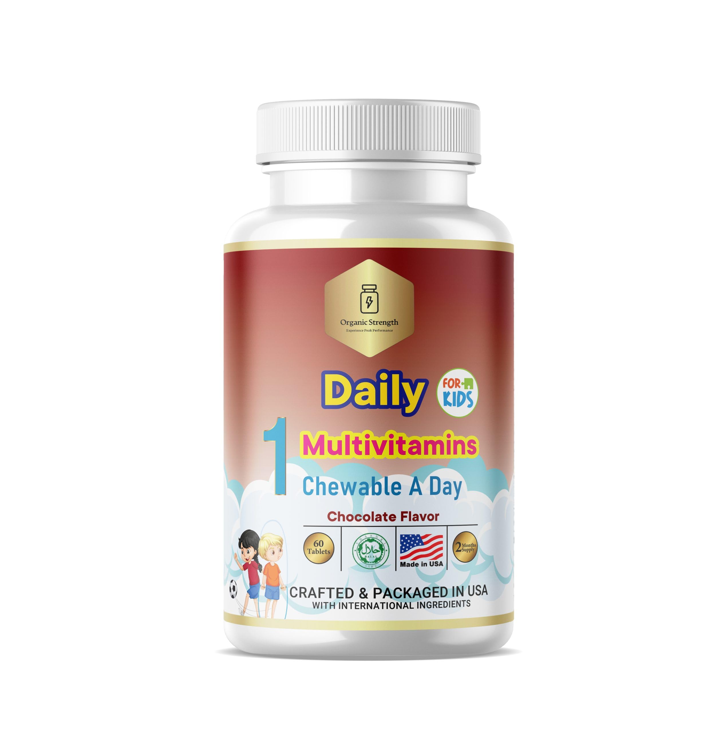 Organic Strength Kids 1 Chewable A Day Halal Multivitamins for Age 4-12, 60 Servings