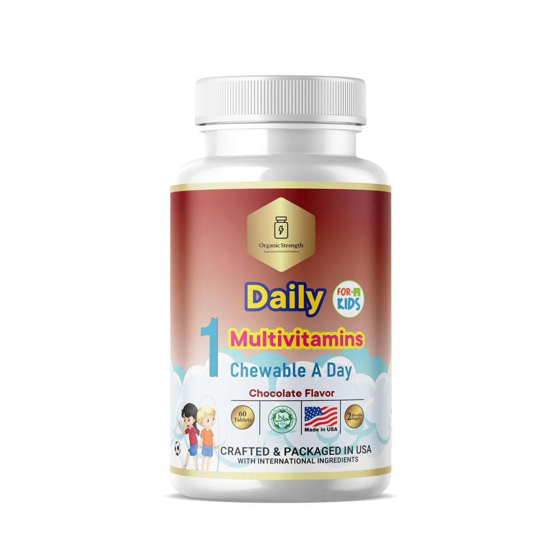 Organic Strength Kids 1 Chewable A Day Halal Multivitamins for Age 4-12, 60 Servings