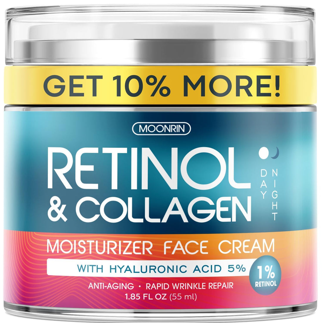 Retinol Cream for Face with Hyaluronic Acid, Day-Night Anti-Aging Moisturizer for Women, Men, Collagen Cream for Face Reduces Wrinkles, Dryness, 1.85 Oz