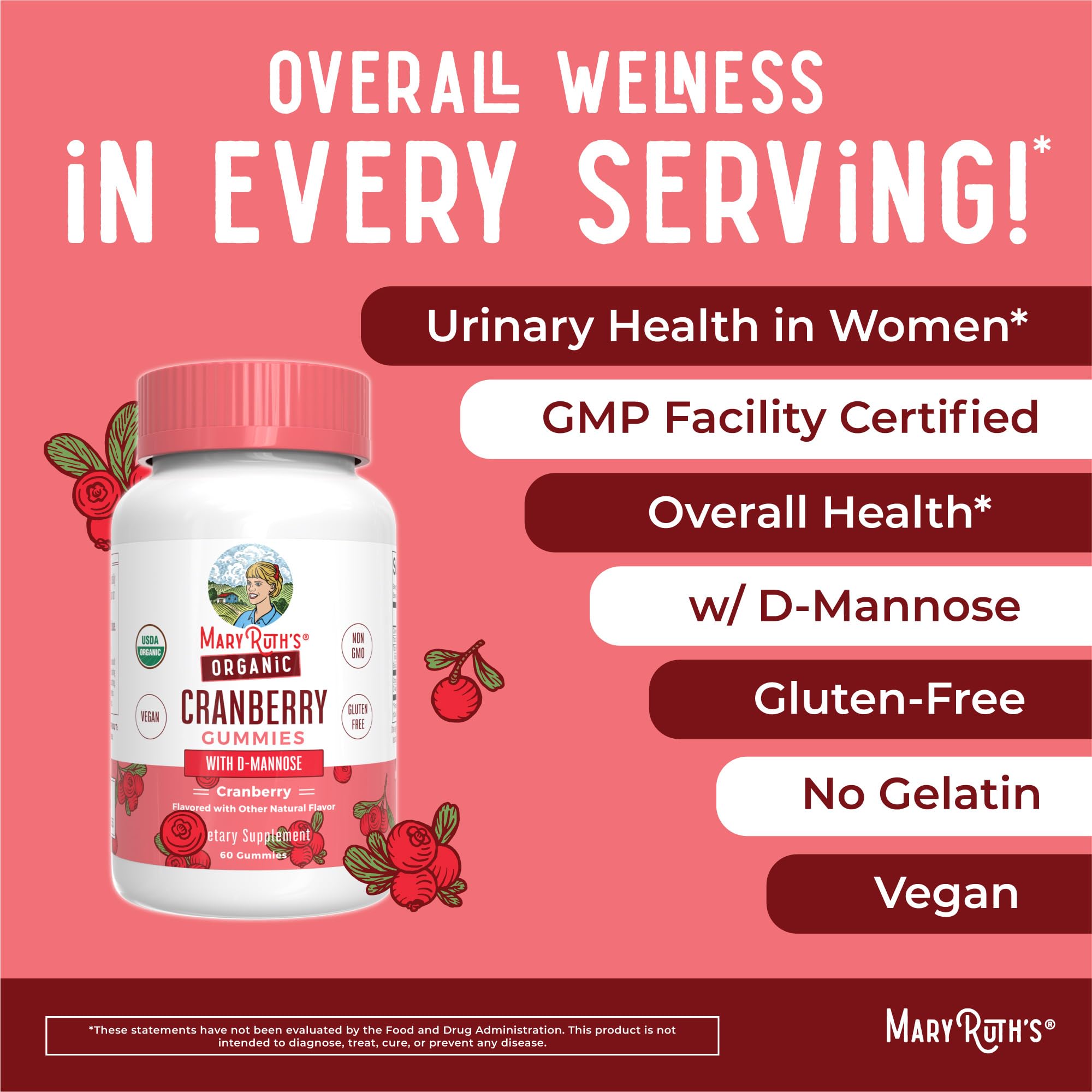 MaryRuth Organics Organic Cranberry Gummies | Cranberry Supplement | Urinary Tract Health for Women | with D Mannose | 500mg Cranberry | Traditional Use | USDA Organic | Vegan | Non GMO | 30 Servings