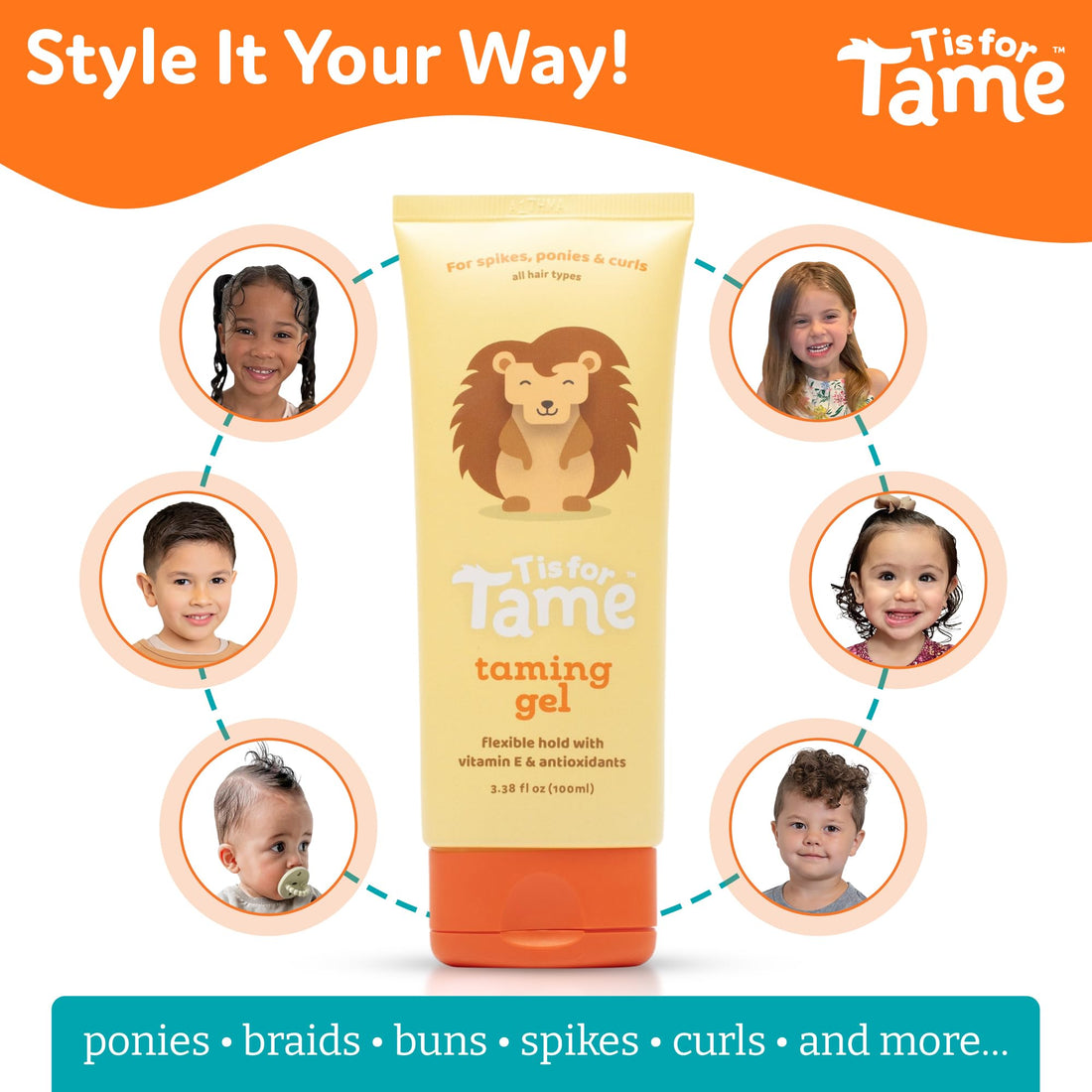 T is for Tame Taming Gel - Boys & Girls Baby Hair Styling Gel for Frizz Control, Flyaways - Natural Toddler, Kids Hair Tamer, Flexible Hold, 3.38fl oz, 2 Pack
