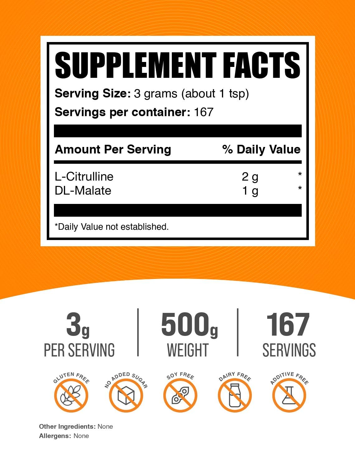 BulkSupplements.com L-Citrulline Malate 2:1 Powder - L Citrulline Malate Supplement, Citrulline Malate Powder - Unflavored & Gluten Free - 3g per Servings, 500g (1.1 lbs) (Pack of 1)