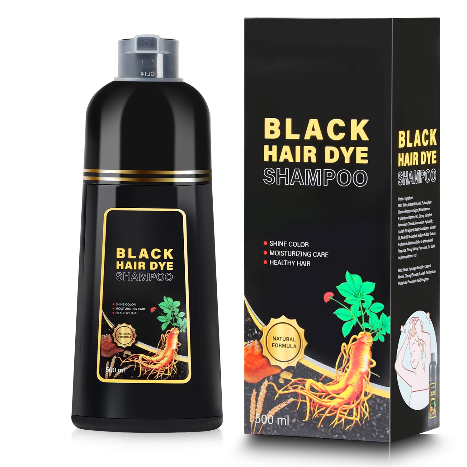 QWXPLD Hair Dye Shampoo 3 in 1, Herbal Ingredients Shampoo Black Hair Dye for Women Men, Grey Coverage Shampoo 16.9Fl Oz (Black)