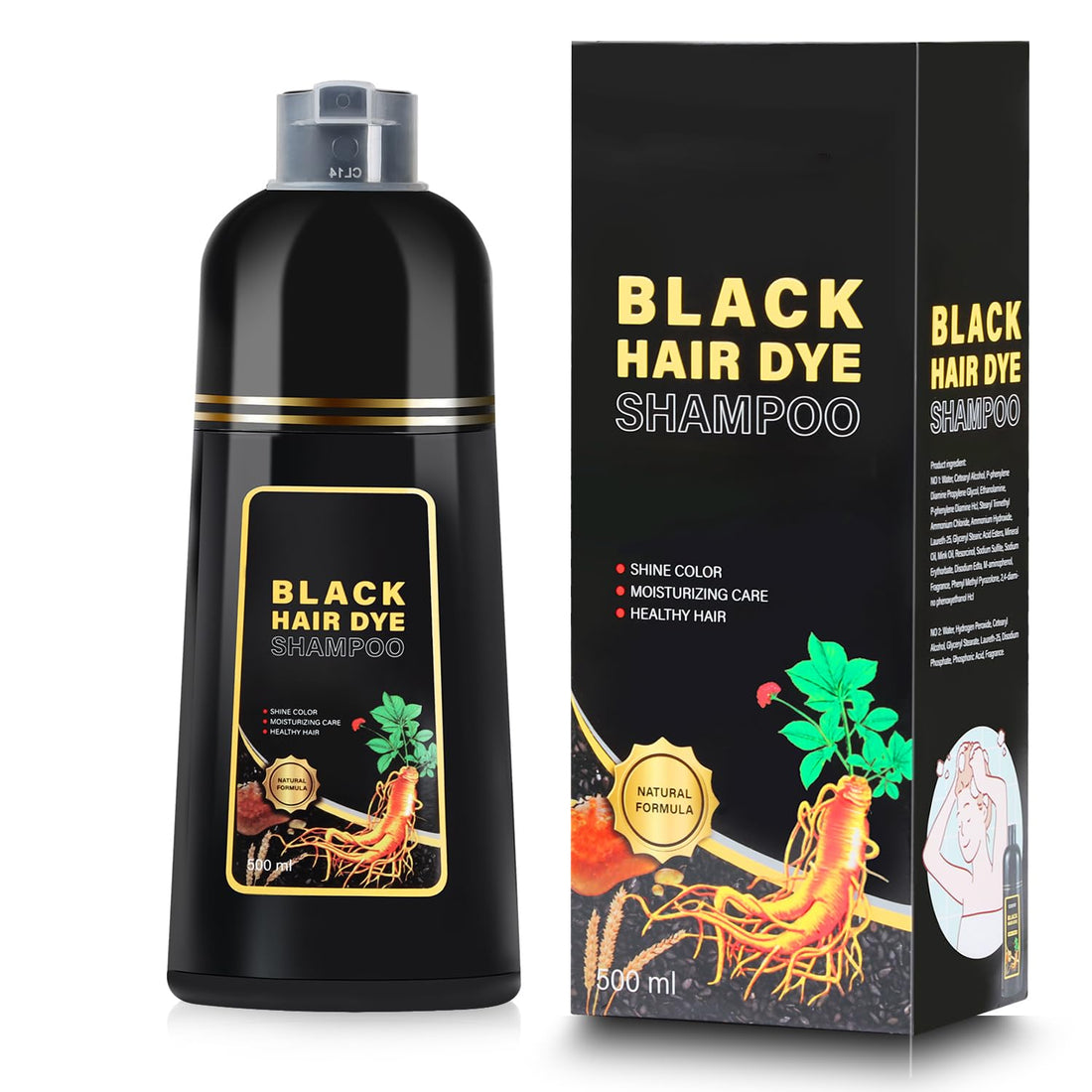 QWXPLD Hair Dye Shampoo 3 in 1, Herbal Ingredients Shampoo Black Hair Dye for Women Men, Grey Coverage Shampoo 16.9Fl Oz (Black)