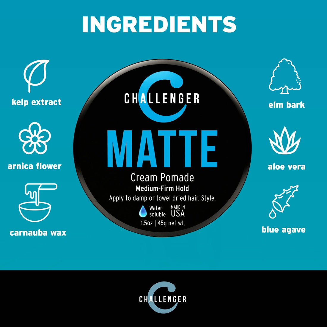Matte Cream Pomade - Challenger 1.5oz Medium Firm Hold - Water Based, Clean & Subtle Scent. Best Mens Hair Styling Cream, Wax, Fiber, Clay, Paste All In One