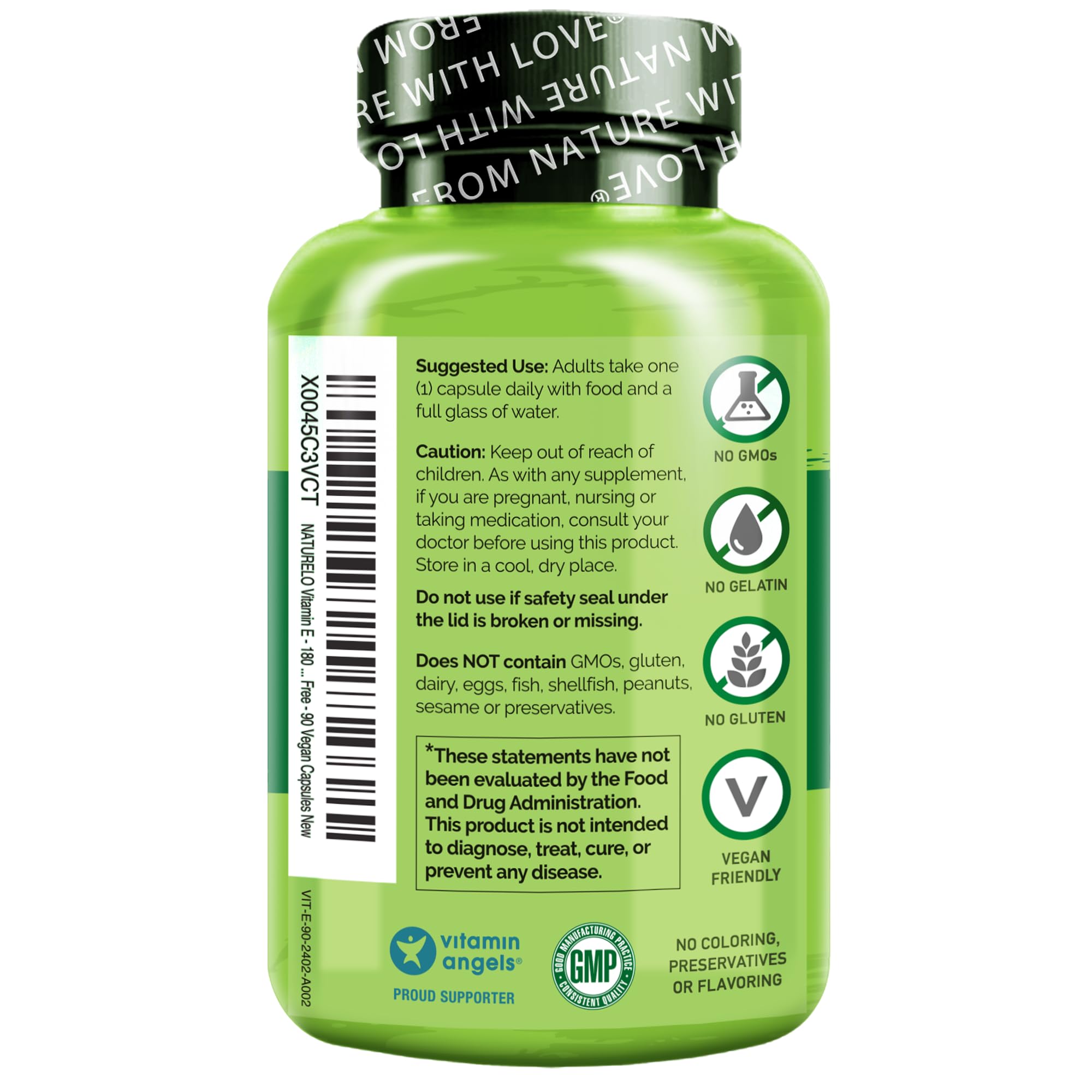 NATURELO Vitamin E - 180 mg (300 IU) of Natural Mixed Tocopherols from Organic Whole Foods - Supplement for Healthy Skin, Hair, Nails, Immune & Eye Health - Non-GMO, Soy Free - 90 Vegan Capsules