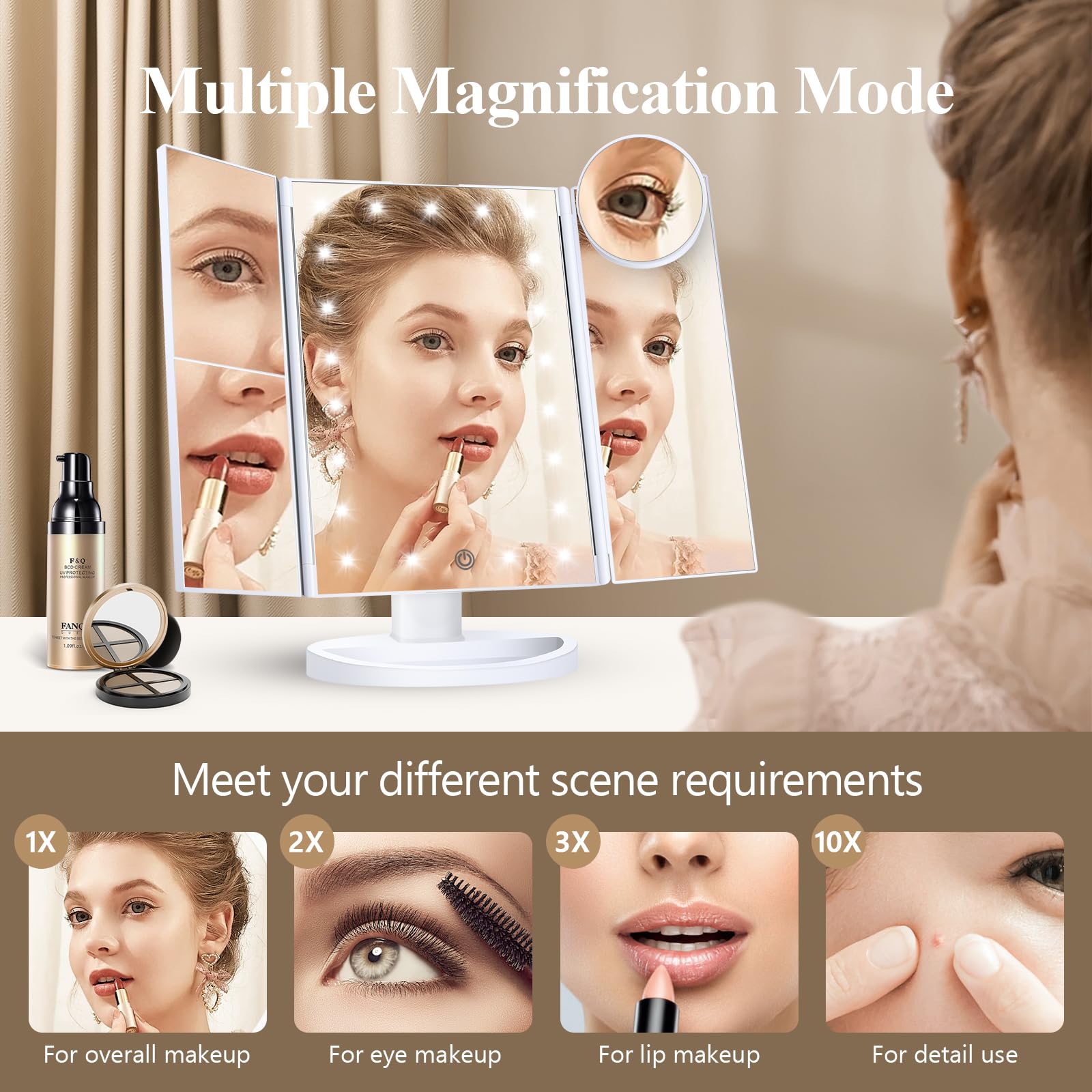 HUONUL Makeup Mirror Vanity Mirror with Lights, 2X, 3X, 10X Magnification, Touch Control, Trifold, White, 9.4L x 13.4W, Modern Style, Dresser Mount, Bathroom