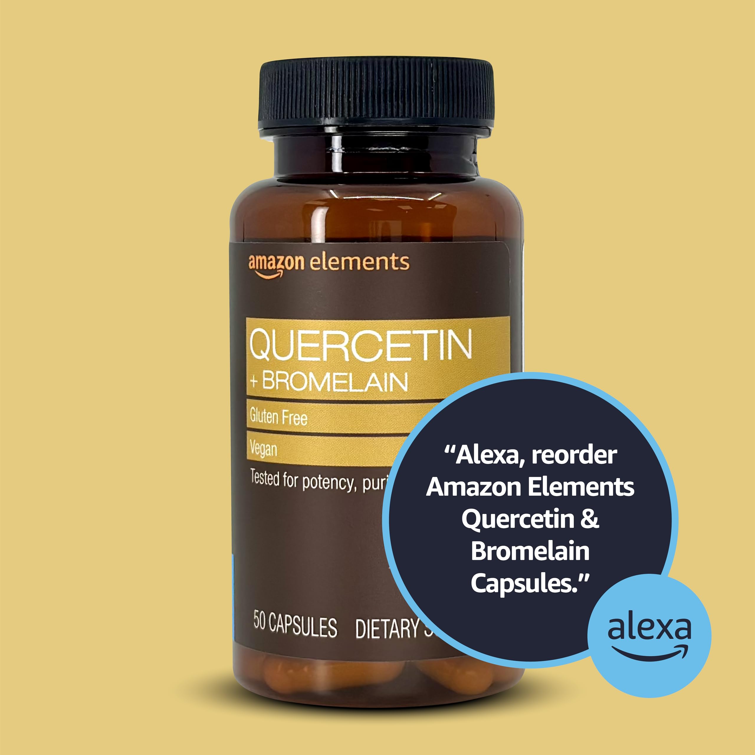 Amazon Elements Quercetin + Bromelain, 500 mg Quercetin with 150 mg Bromelain, Vegan, Pineapple, 50 Capsules