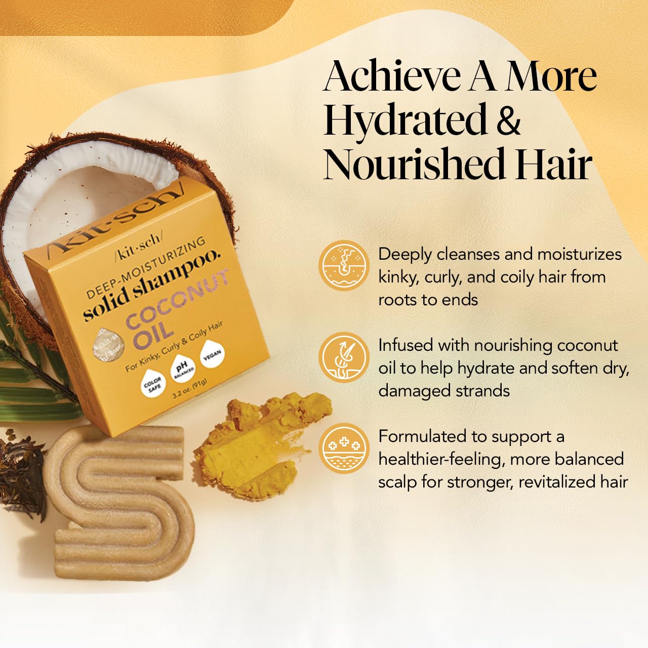 Kitsch Coconut Oil Shampoo Bar, Deep Moisturizing Curly Hair Shampoo, Safe for Color Treated Hair, Paraben & Sulfate Free Formula, Plastic Free, Vegan & Cruelty Free Ingredients for Dry Hair, 3.2 oz