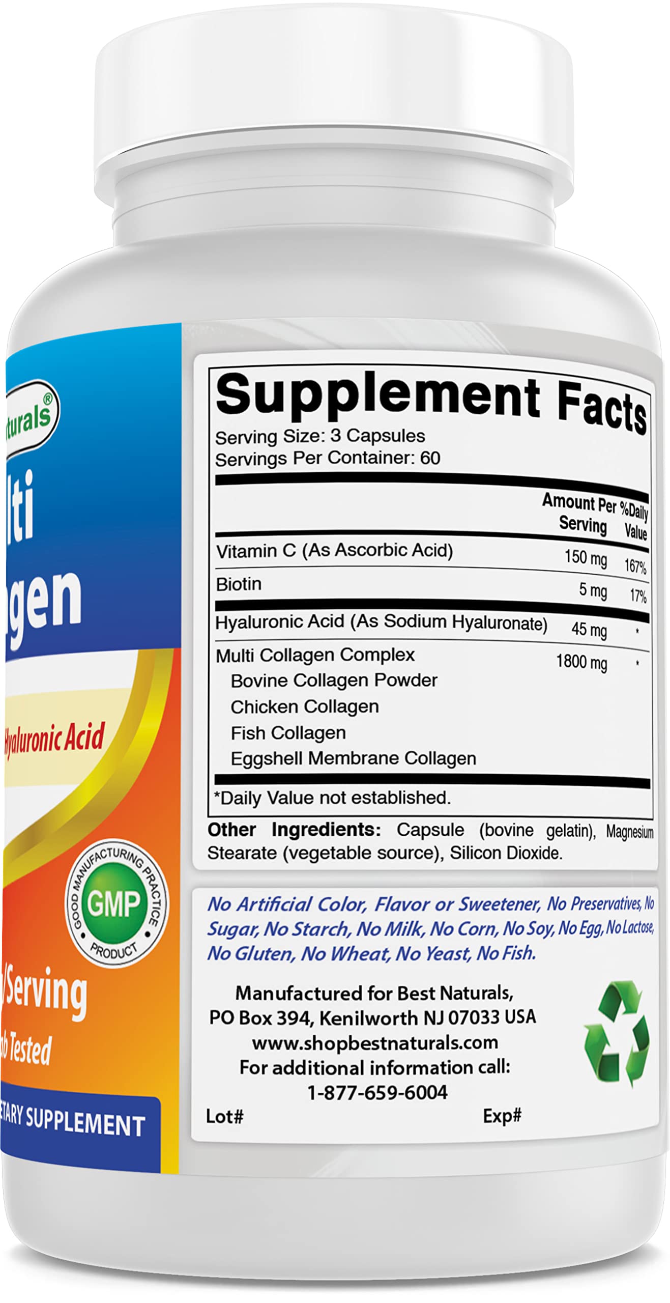 Best Naturals Multi Collagen Pills 2000mg for Women & Men - Hydrolyzed Collagen Peptides Capsules for Hair Skin and Nails with Types I II III V X, Biotin, Hyaluronic Acid & Vitamin C