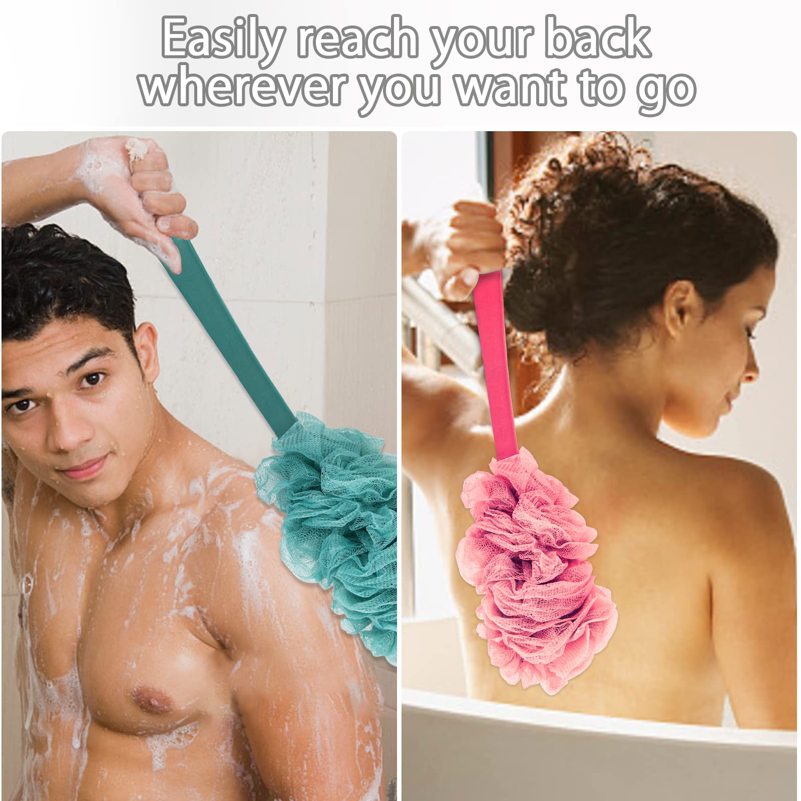 4Pack Back Scrubber for Shower, Evmliy Loofah Sponge Brush Exfoliating Body, Long Handle Scrub Brush for Shower with Loofah on a Stick for Back Use, Bathing Accessories Body Brushes (4Pack)