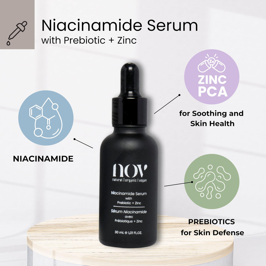 NOV Natural Organic Vegan Niacinamide Serum- with Prebiotic, Zinc | Reduces the Look of Dark Spots, Discoloration, and Uneven Skin Tone | Fragrance-Free & Paraben-Free
