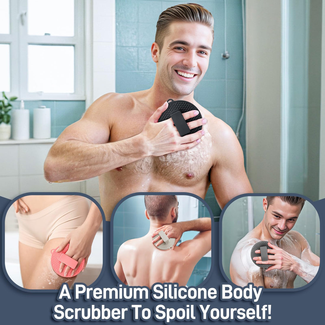 GEENOA Silicone Body Scrubber 2PCS, Durable Silicone Loofah with Waved Bristles and Non-Slip Handle, Hygienic Body Buffer Shower Scrubber for Gentle Exfoliating & Lathering(Black+Pink)