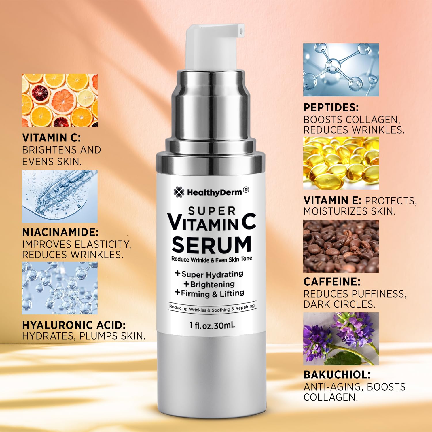 Super Vitamin C Serum for Women Over 70: Vitamin C, Hyaluronic Acid, Vitamin E, Caffeine, Hydrating, Lifting, Face Wrinkle & Age Spots Reduction
