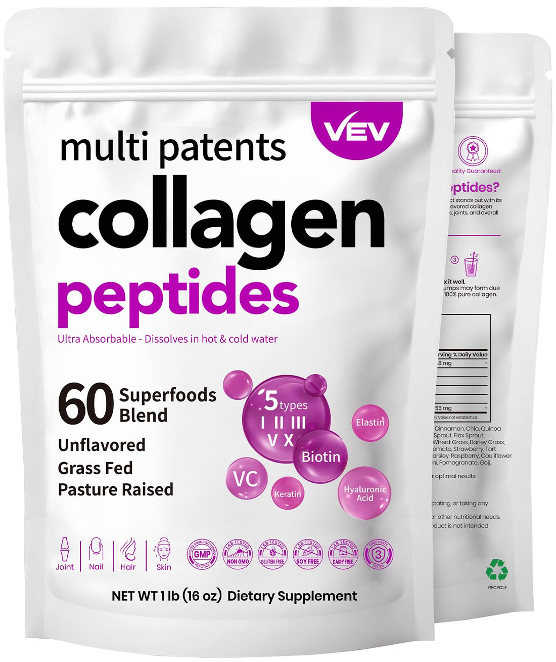 VEV Multi Collagen Peptides Powder, 1 lb – Type I, II, III, V, X, Hydrolyzed Collagen, Biotin, Hyaluronic Acid, Vitamin C, Supports Skin & Joints, Unflavored, Easy to Dissolve (Packaging May Vary)