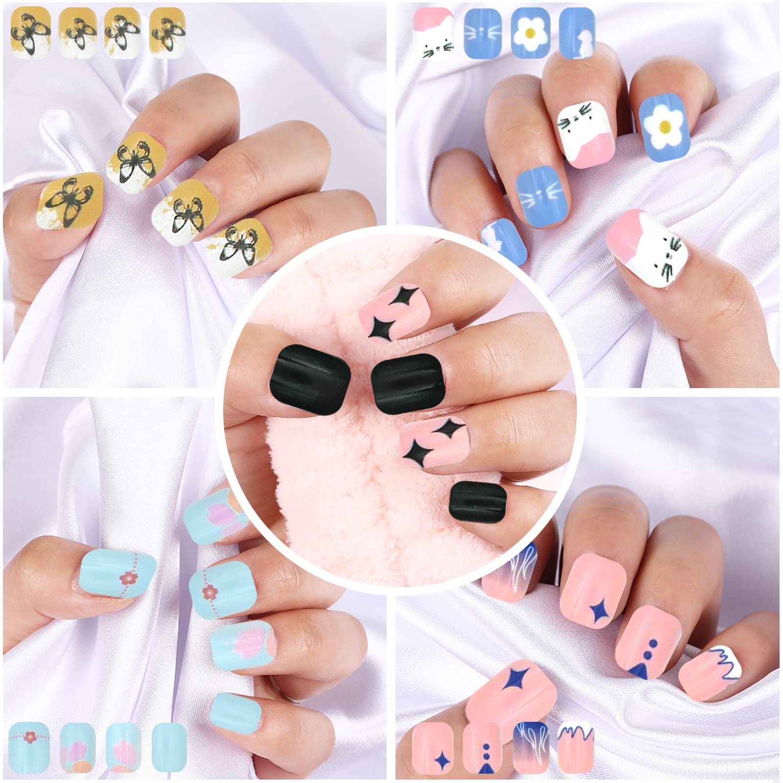 LoveOurHome 240pc Square Press on Nails Short Fake Nails Flower Heart Star False Nail Tips Short Artificial Nails Press ons Nail Cute Presson Fake Fingernails for Women Kids Teen Girls