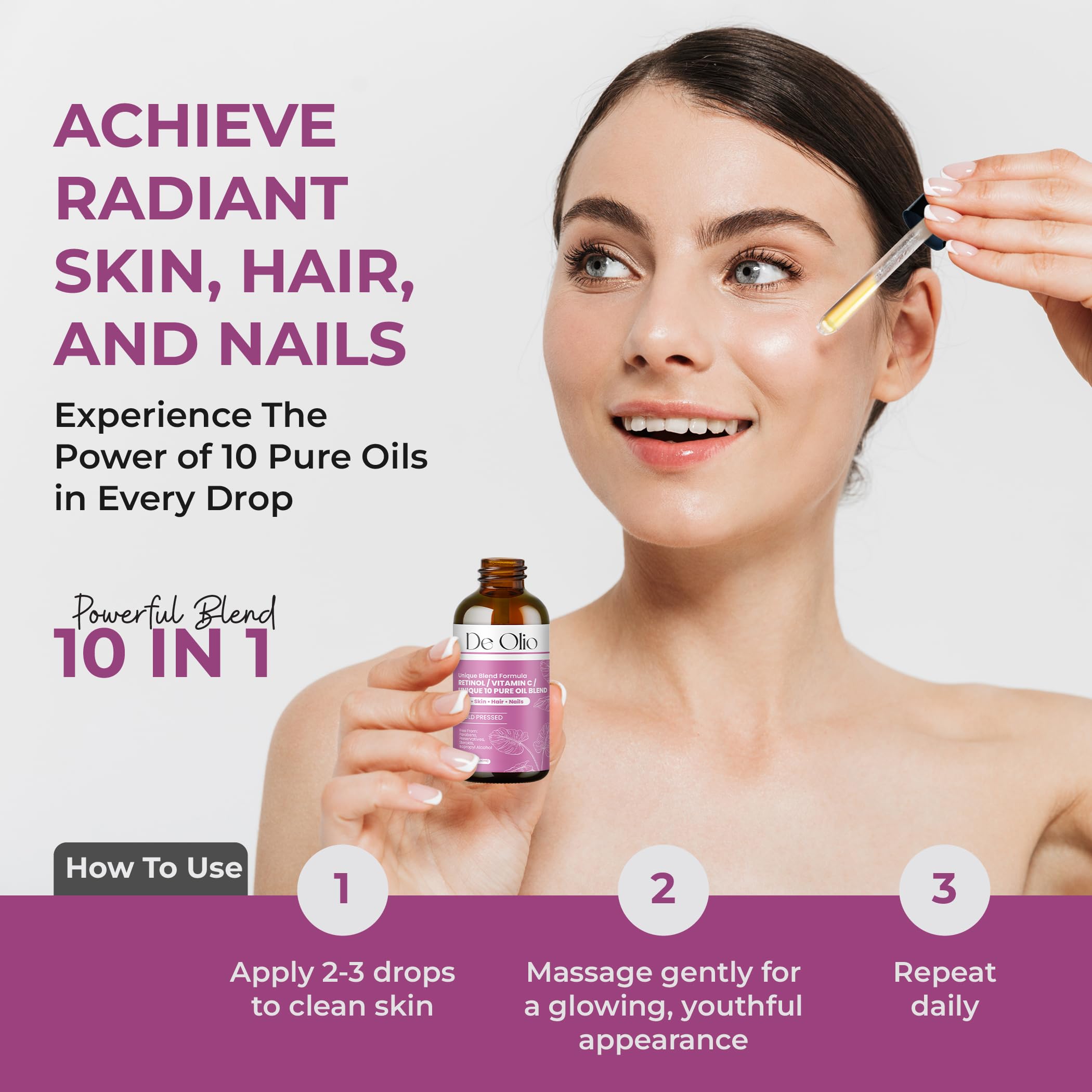 De Olio | Face Oil & Body Oil | 100% Pure & Natural | Body Moisturizer for Dry Skin | Vitamin C & 10 Pure Facial Oil Blend | Dermatologist Recommended | Bath Oil | For All Skin Types 2fl. oz. (60 mL)