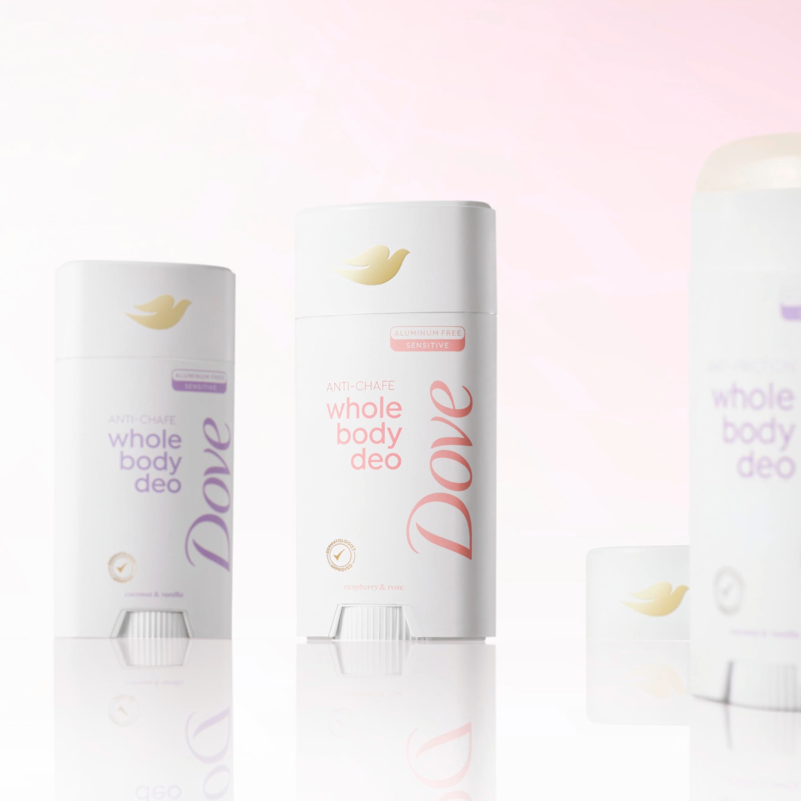 Dove Whole Body Deo Aluminum Free Anti-Chafe Deodorant Stick Raspberry & Rose for 72h Odor Control 2.6 Oz