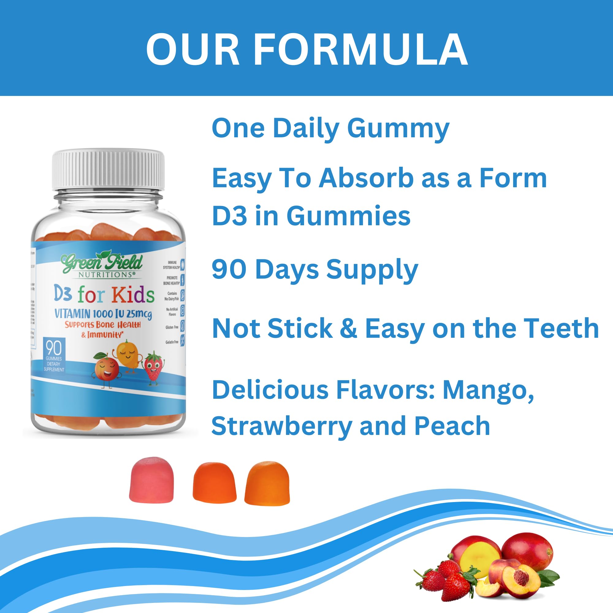 Greenfield Nutritions Halal Vitamin D3 for Kids - 1000 IU (25 mcg), 90 Halal Gummies - Non-GMO Gelatin Gluten Free Vegetarian Halal Vitamin D - Halal Vitamins for Kids, Supports Bone & Immune System