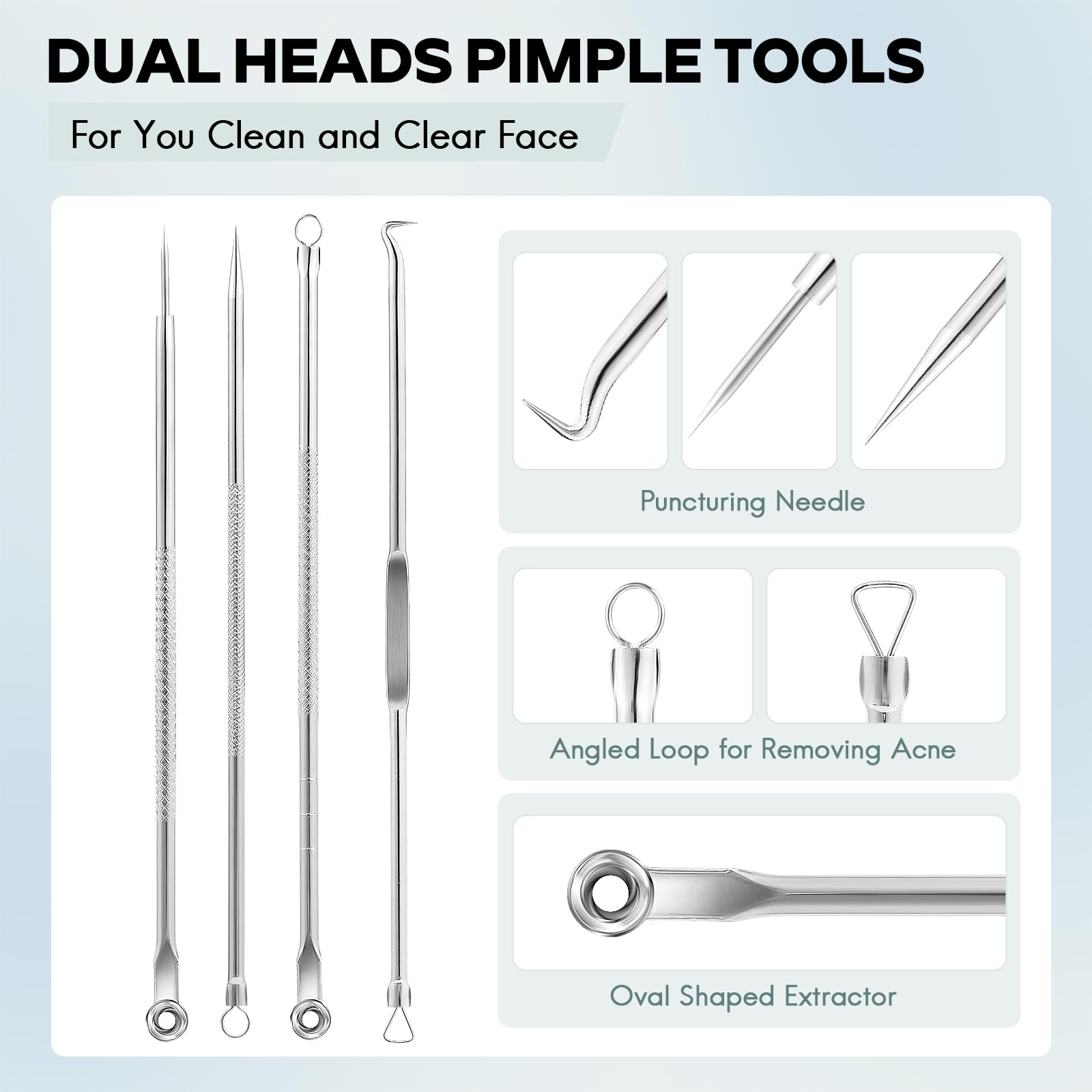 FEITA Blackhead Remover Pimple Popper Tool Kit, Comedone Pimple Extractor Acne Tools for Face Nose, Stainless Acne Needle Zit Popping Removal Facials Tool, Silver 4Pcs
