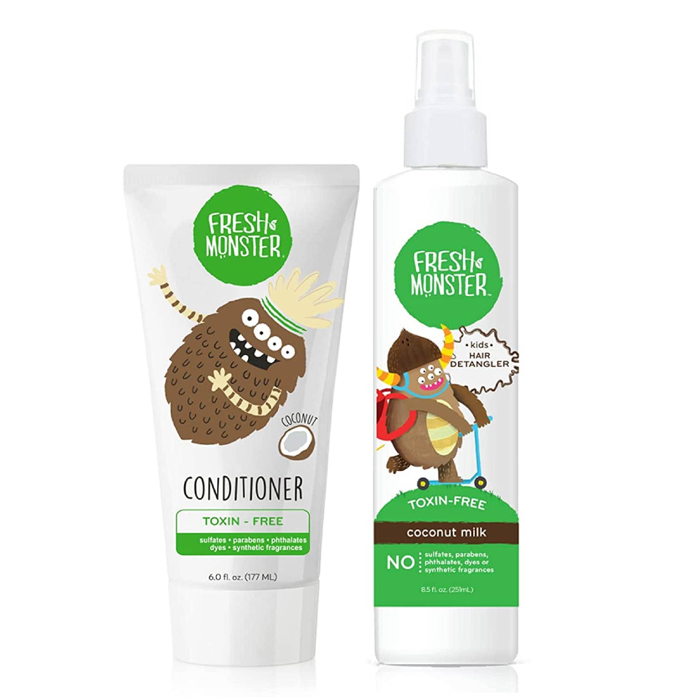 Fresh Monster Kids Hair Detangling Bundle, 8 oz Detangler & 6 oz Conditioner, Strawberry, 1 Count, 6oz. with 8oz Detangler