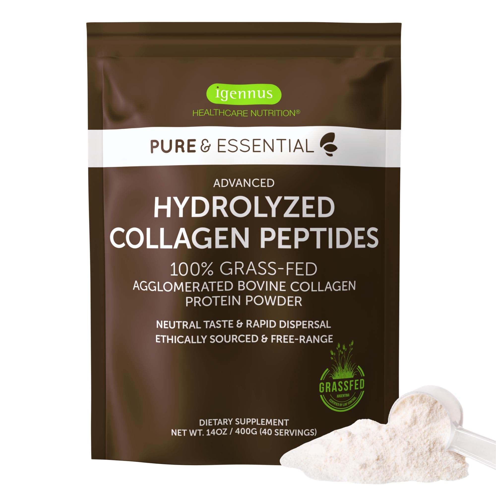 Igennus 100% Grass Fed Bovine Collagen Protein Powder, Highest Grade Hydrolyzed Collagen Peptides, Collagen Types 1, 2 & 3 for Women & Men, Non-GMO, Free Range, Clean Label, Easy Mix, 40 Servings