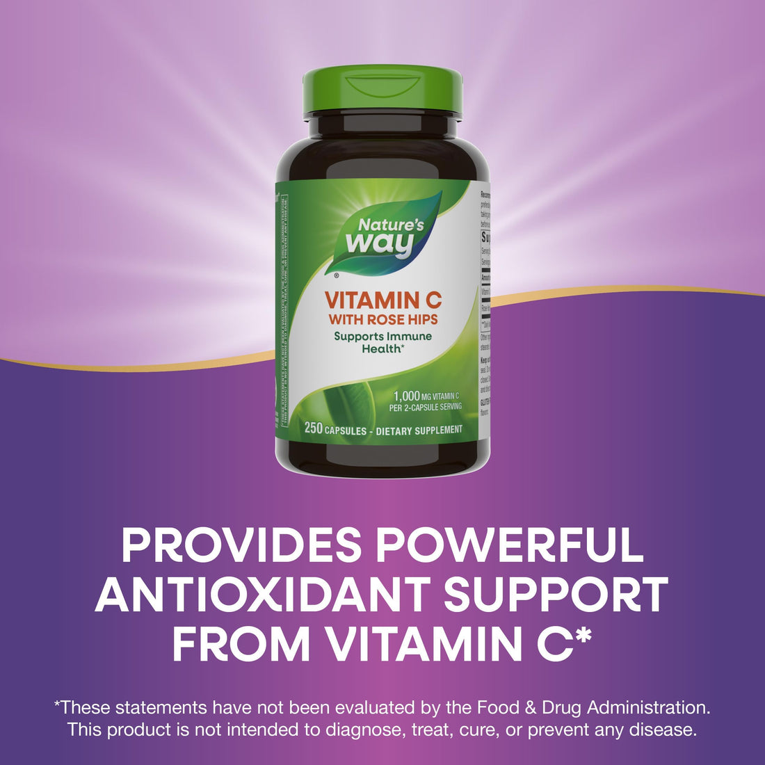 Nature's Way Vitamin C with Rose Hips, Antioxidant & Immune Function Support from vitamin C*, Promotes Collagen for Healthy Skin*, 1,000 mg per 2-Capsule Serving, 500 Capsules (Packaging May Vary)