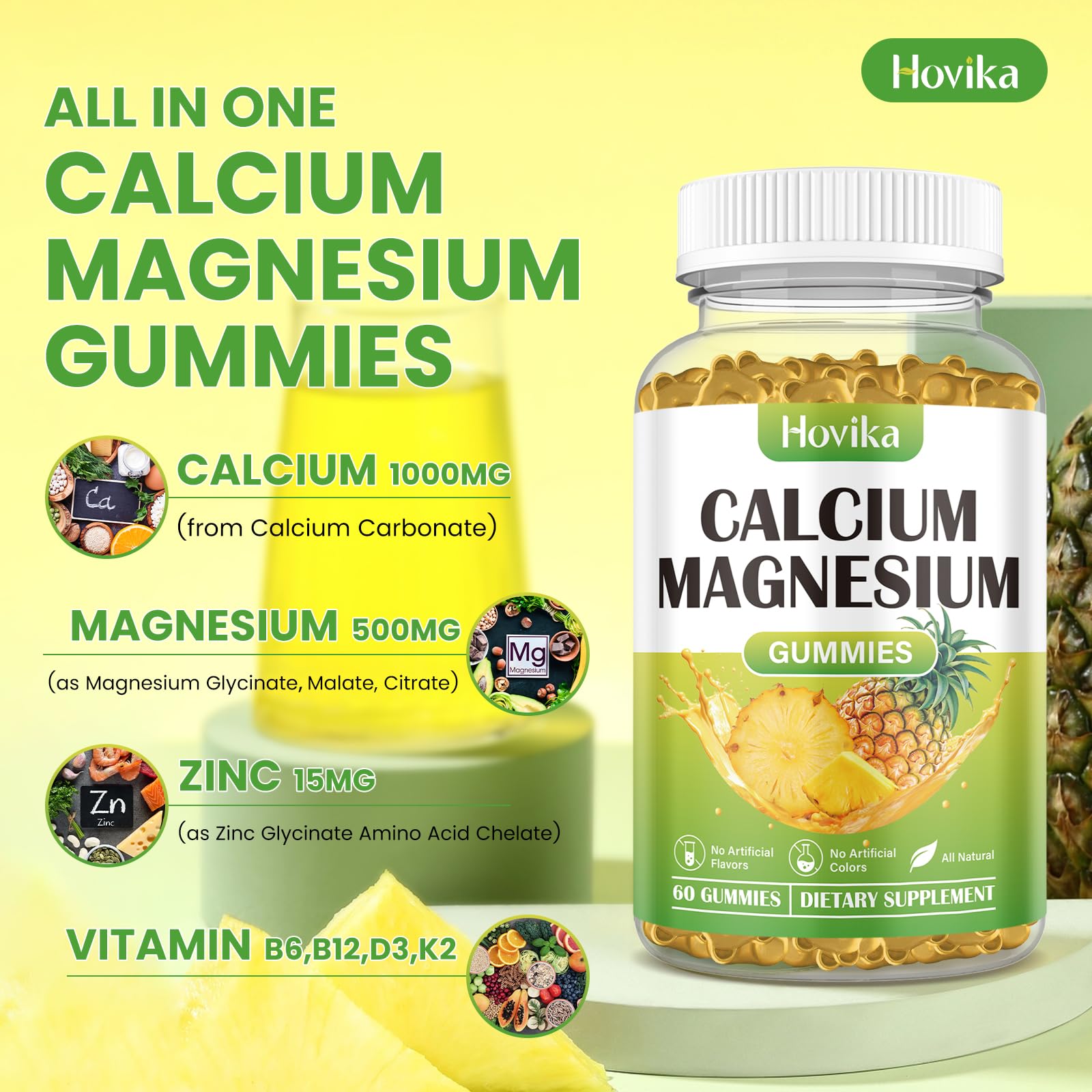 Calcium Magnesium Zinc Gummies, Calcium Magnesium 2:1 Ratio with Vitamin D3, K2, B6, B12 for Bone Strength, Muscle Function & Nerve Health, Extra Absorption Formula, Vegan, Pineapple Flavor 60 Gummies