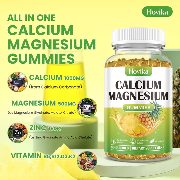Calcium Magnesium Zinc Gummies, Calcium Magnesium 2:1 Ratio with Vitamin D3, K2, B6, B12 for Bone Strength, Muscle Function & Nerve Health, Extra Absorption Formula, Vegan, Pineapple Flavor 60 Gummies