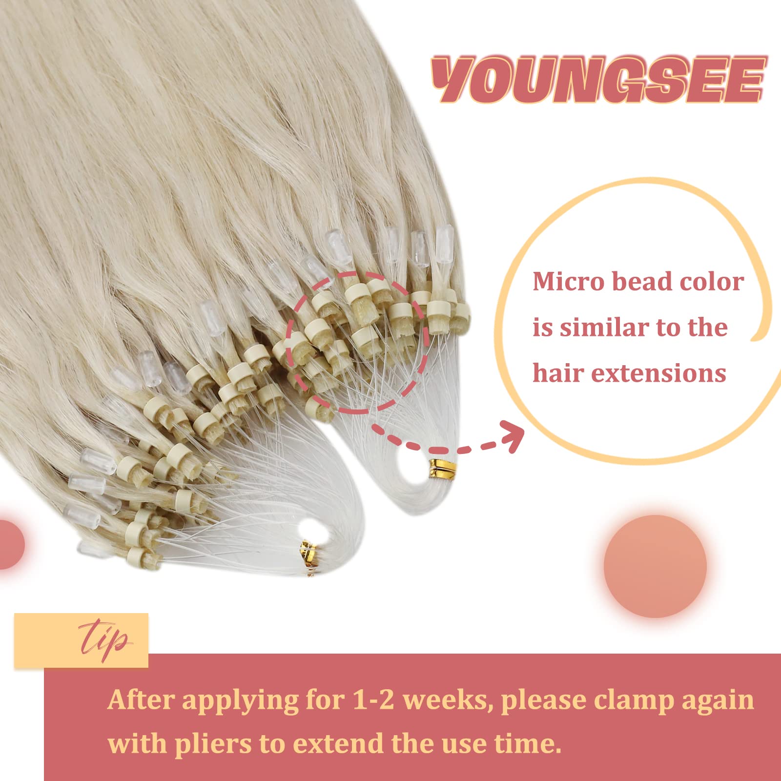 16, 60: Youngsee Platinum Blonde Loop Micro Link Extensions Human Hair 16 Micro Rings Real Hair Extensions Silkly Straight 50G Per Pack