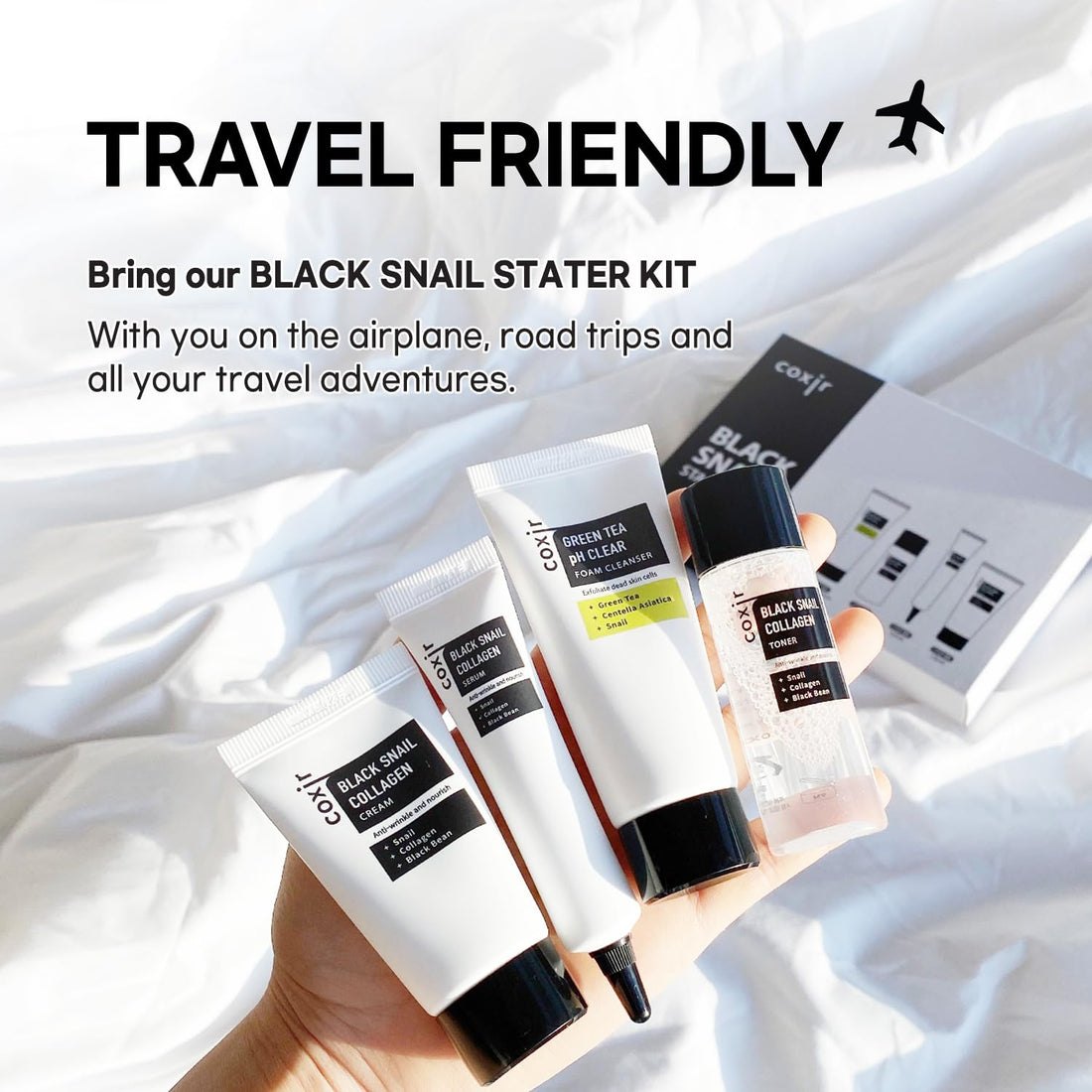 coxir BLACK SNAIL COLLAGEN STARTER KIT l Repairing&Firming | Black-3-Complex: Black Rice, Bean, Sesame, Snail Mucin, Collagen FOAM CLEANSER+TONER+SERUM+CREAM [3.19 fl.oz (Pack of 1)]