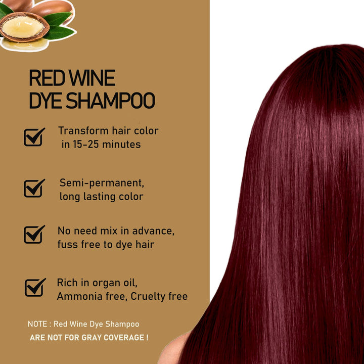 Fvquhvo Red Hair Dye Shampoo 3 in 1, Argan Oil Instant Hair Color Shampoo, Long Lasting Red Hair Shampoo, Semi-Permanent Red Hair Dye, Shampoo Hair Dye Easy to Use (Red Wine)