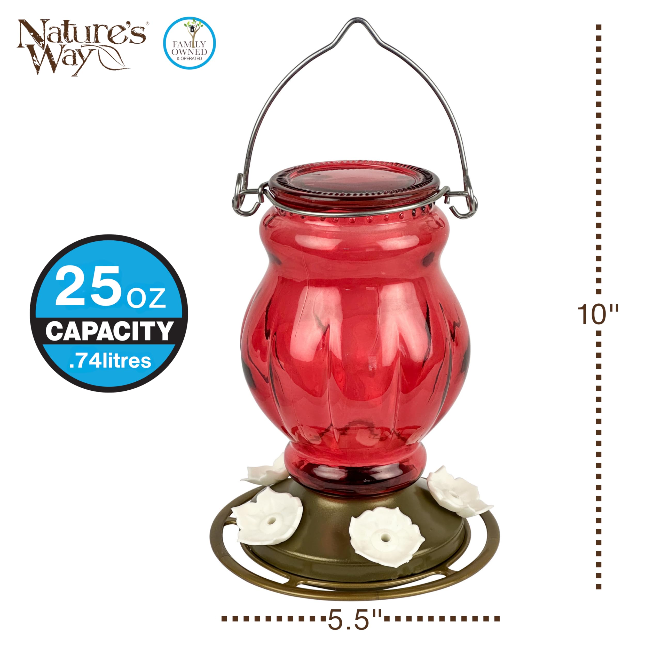 Nature's Way Hanging Glass Hummingbird Feeder for Outdoor Decor, 25 Ounce Capacity Nectar Feeder, 5 Easy to Clean Flexible Ports, Red