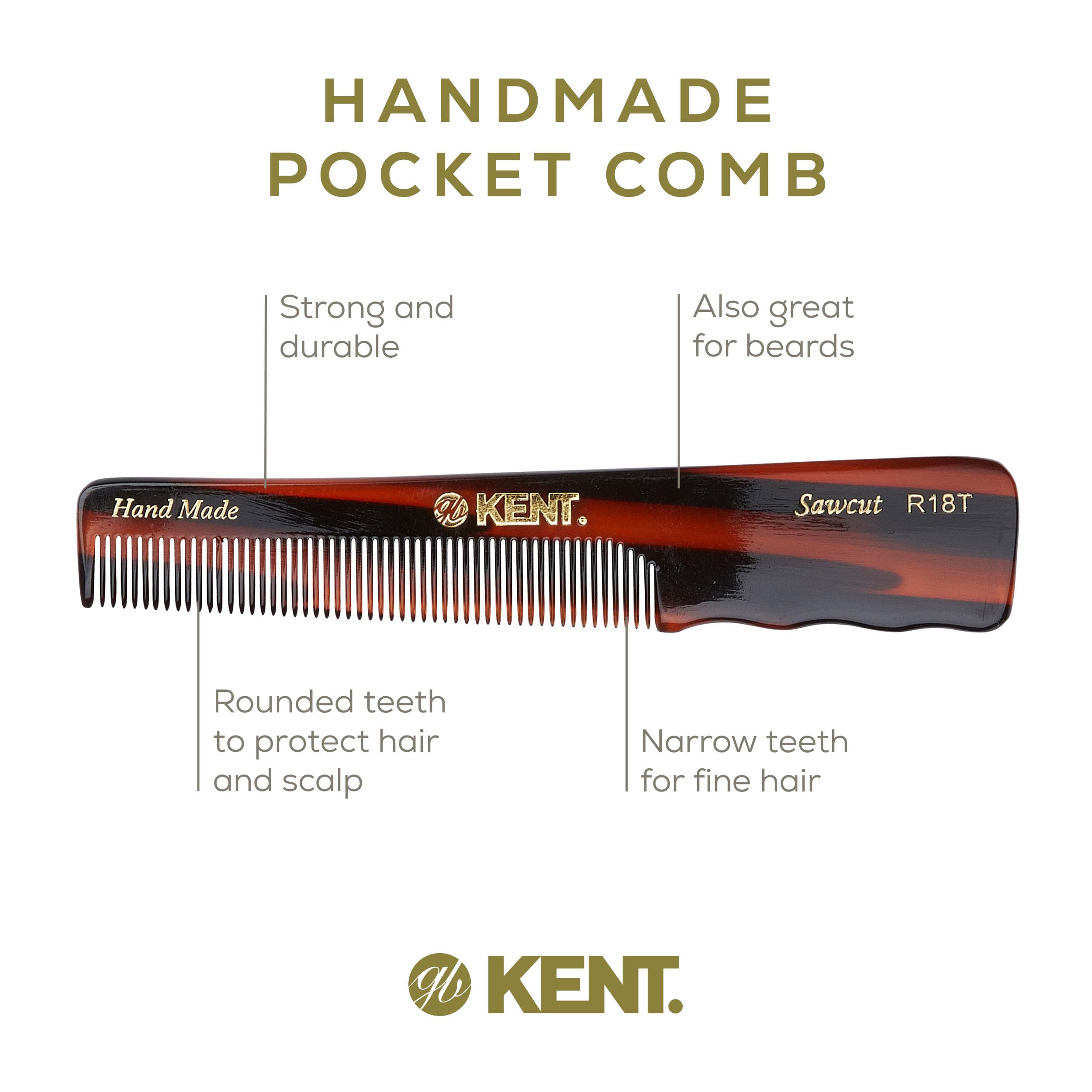 Kent Authentic Handmade Pocket Comb with Thumb Grip, Dark Brown, 136mm