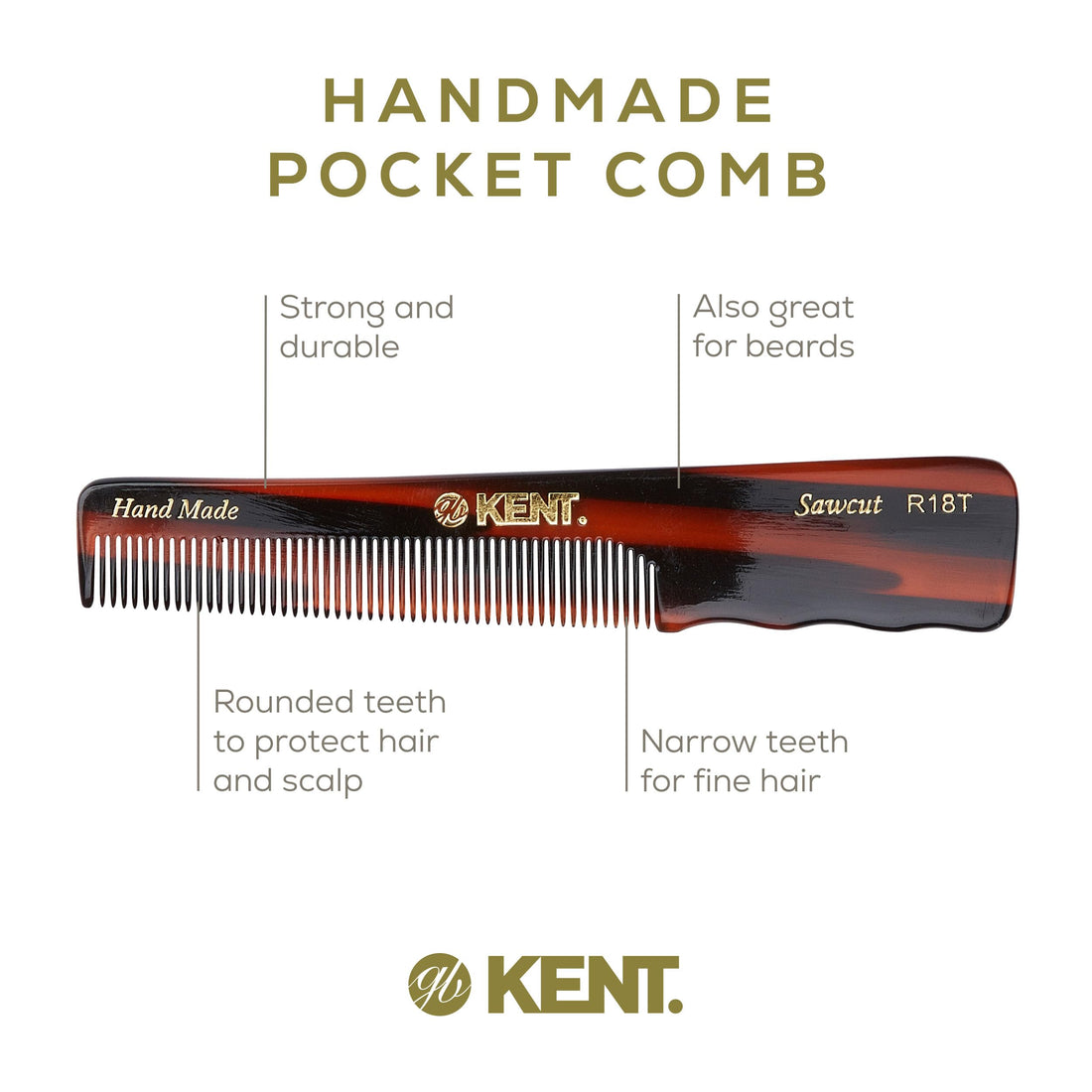 Kent Authentic Handmade Pocket Comb with Thumb Grip, Dark Brown, 136mm