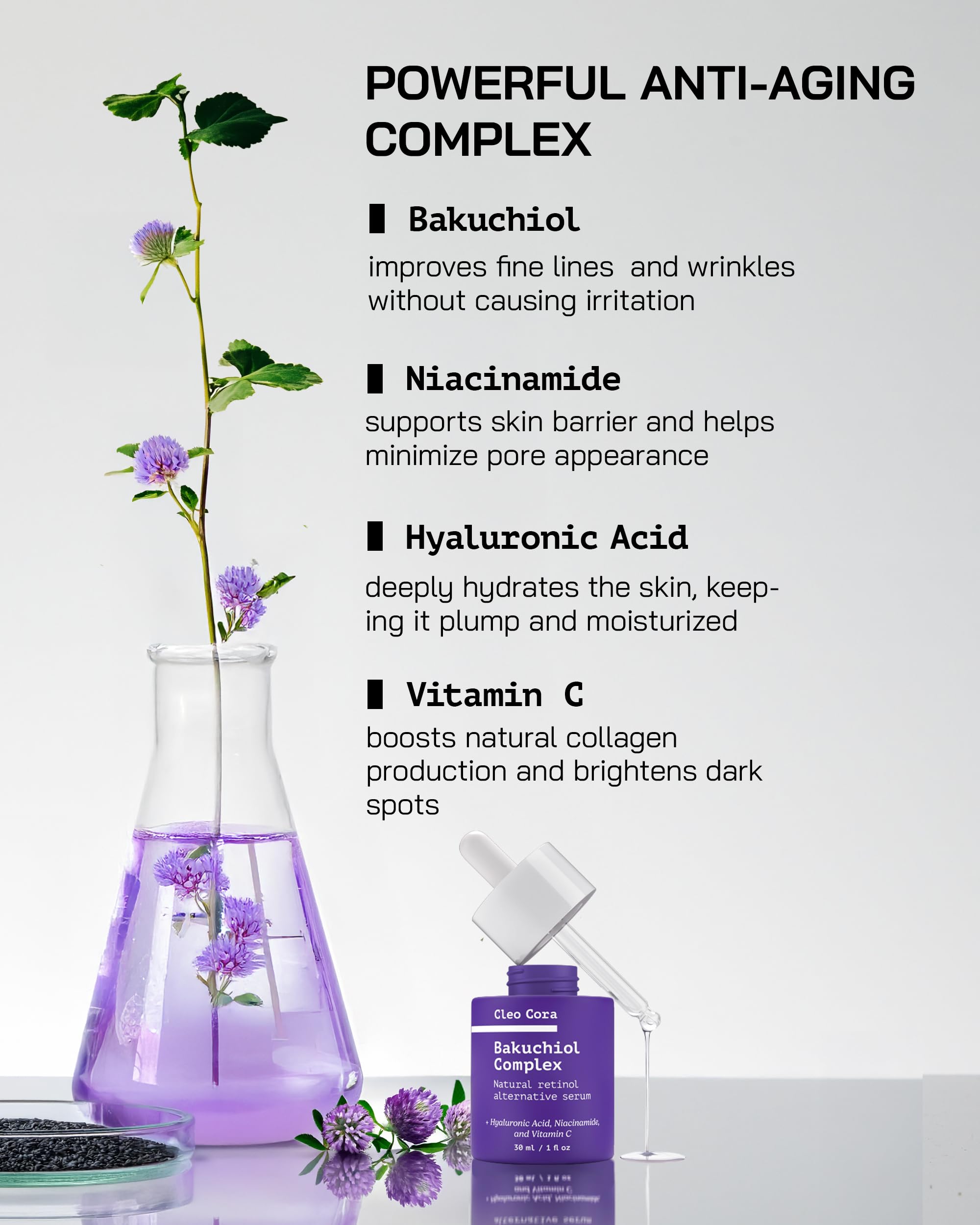 Bakuchiol Retinol Serum - Anti Aging Serum for Face & Eyes - Korean Skincare Retinol Alternative - Fine Lines & Wrinkles - Rejuvenation Facial Skin Care Booster - Bakuchiol Niacinamide Hyaluronic Acid