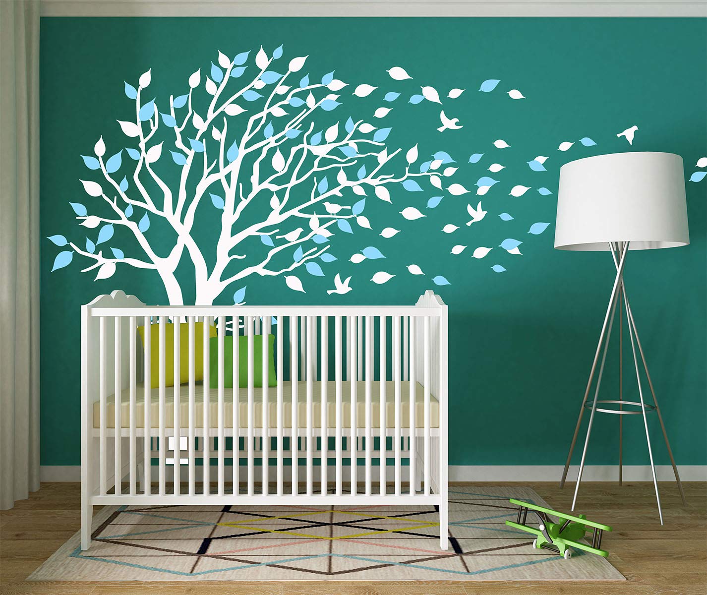 LUCKKYY Tree Blowing in The Wind Tree Wall Decals Wall Sticker Vinyl Art Kids Rooms Teen Girls Boys Wallpaper Murals Sticker Wall Stickers Nursery Decor Nursery Decals (White+Blue)