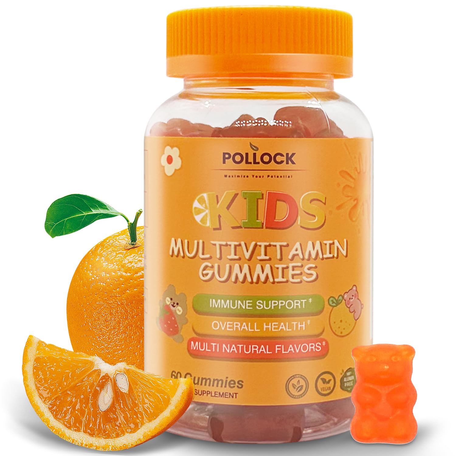 POLLOCK Bear Kids Omega-3 & Multivitamin Gummies, with Vitamin A, B5, B6, B12, C, D3, and E, Immune Support & Bone Health, Mixed Fruit Flavor, 4 Gummies per Serving, 60 Count