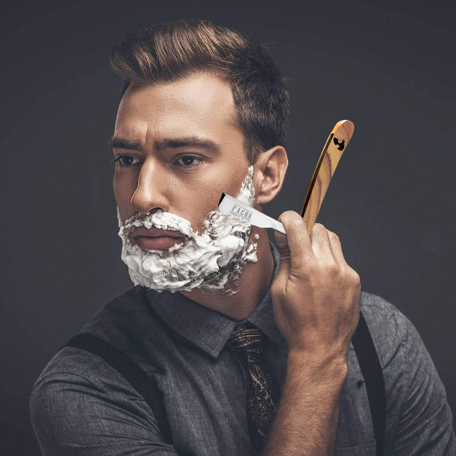 Facn Razors Professional Wooden Straight Edge Barber Razor with 5 DE Blades and Leather Case