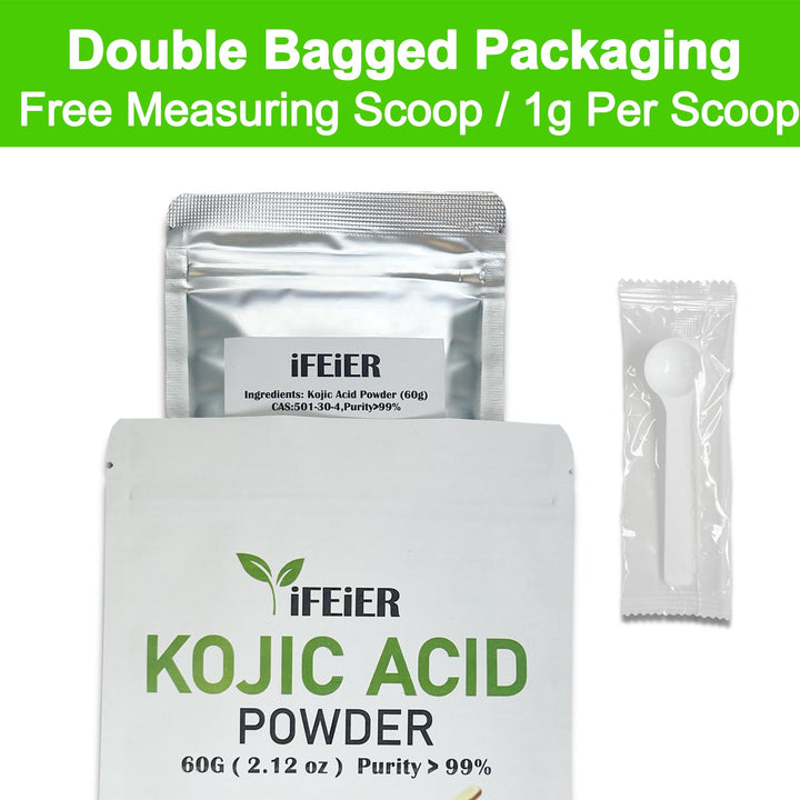 iFEiER Pure Kojic Acid Powder 60g(2.12oz) for Skincare Products and Homemade Cosmetics. Natural and Organic Kojic Acid Dipalmitate Powder for DIY lotions | creams | serums | soaps