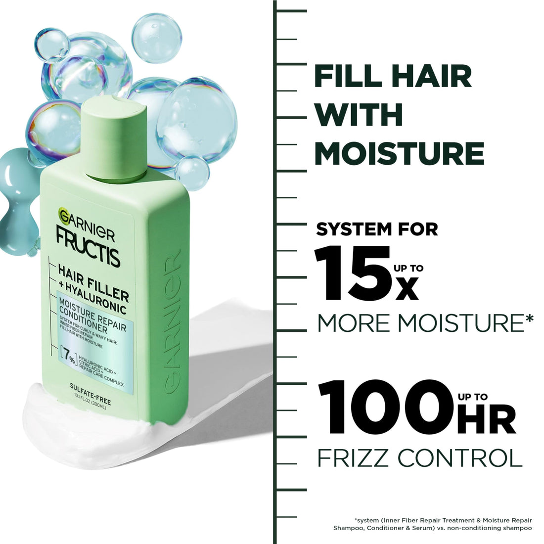 Garnier Fructis Hair Filler Moisture Repair Conditioner, Sulfate Free Conditioner for Curly, Wavy Hair with Hyaluronic Acid, 10.1 Fl Oz, 1 Count