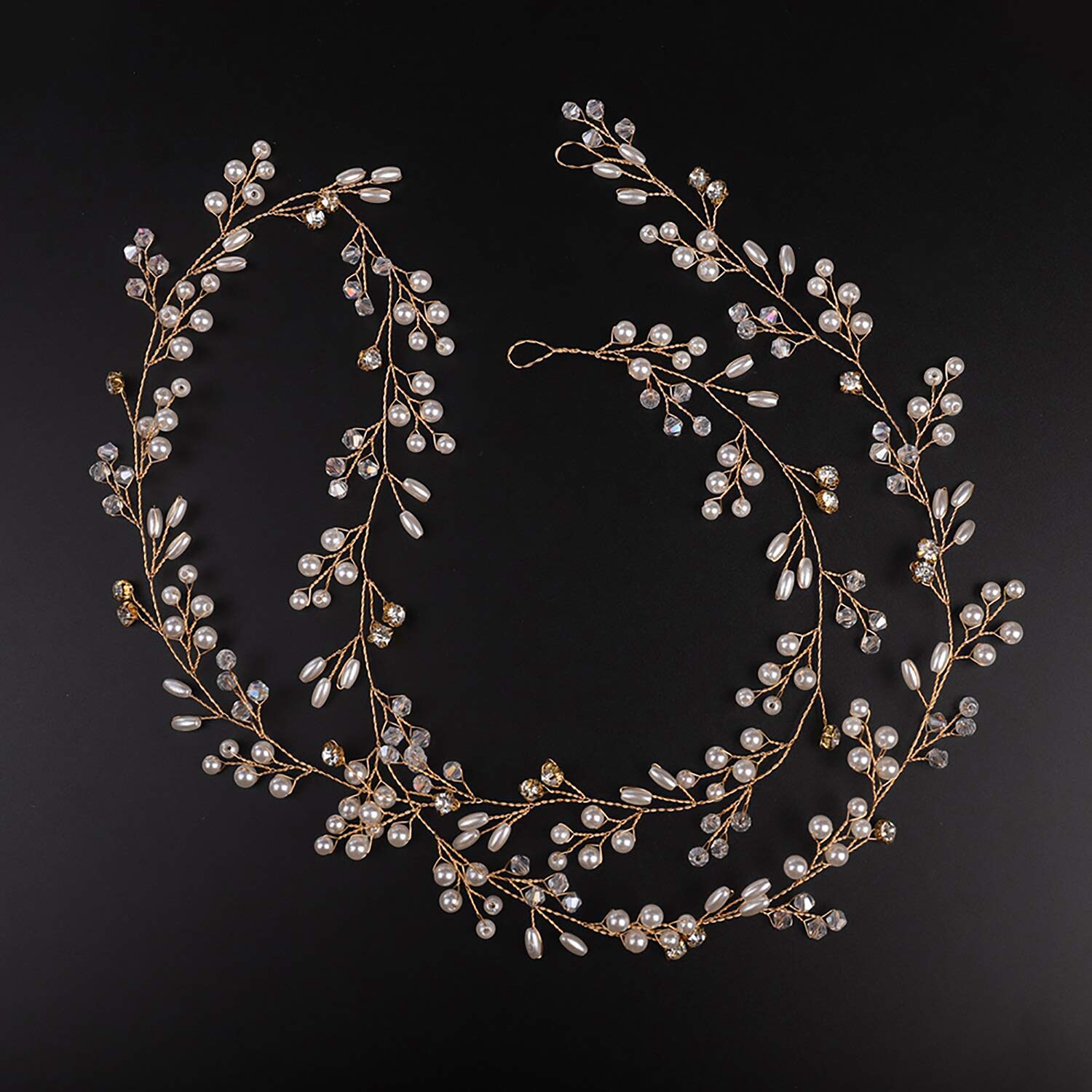 Deniferymakeup Bridal Rose Gold and Gold Silver Extra Long Pearl and Crystal Beads Bridal Hair Vine Wedding Head Piece Bridal Hair Accessories Headband Hair Jewelry Hair Accessories (Gold)