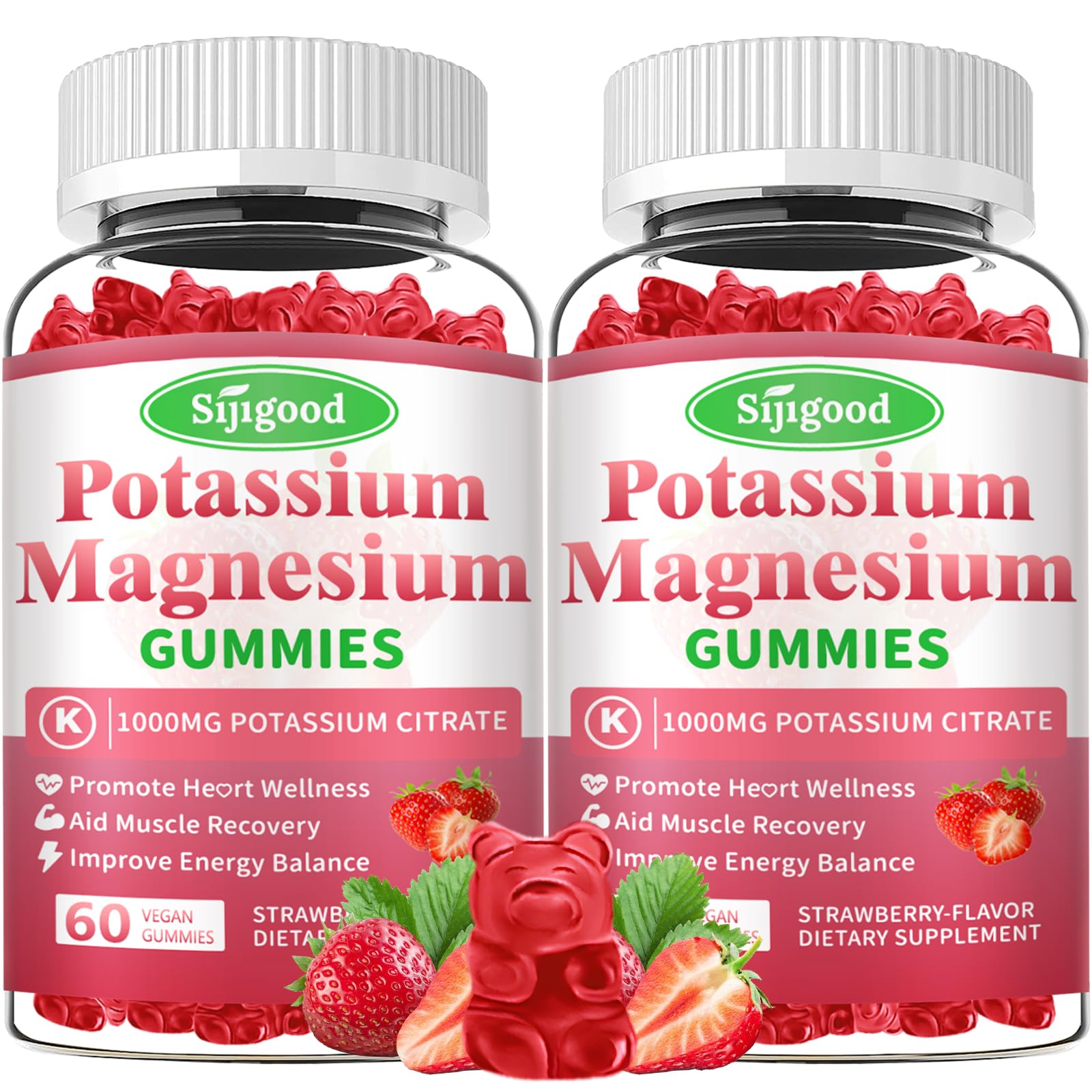 2 Pack Potassium Magnesium Gummies, High Absorption Magnesium Potassium Supplement with Vitamin B6 for Leg Cramps & Muscle Health, Strawberry, 120 Count