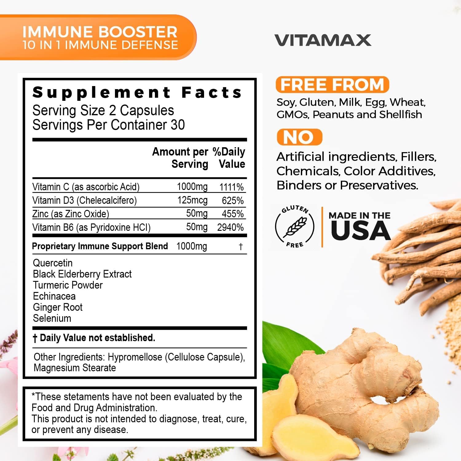 10-in-1 Immune System Support Booster with Elderberry, D3, Selenium, Quercetin, Zinc, Vitamin C, Ginger, Turmeric Curcumin, B6, Echinacea – Natural Immune Defense – Made in USA (60 Count (Pack of 1))