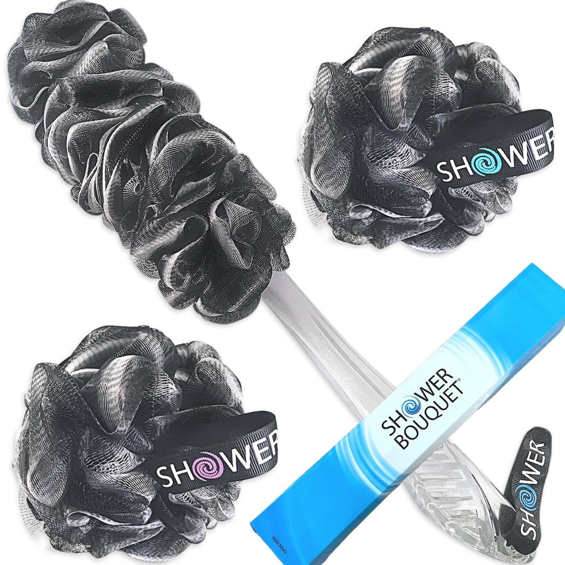 SHOWER BOUQUET Loofah-Charcoal Back-Scrubber & Bath-Sponge Set // 1 Long-Handle-Back-Brush Plus 2 Extra Large 75g Soft Mesh Loofa-Lufa-Loufa Puff Poufs, Men & Women - Exfoliate with Full Pure Cleanse