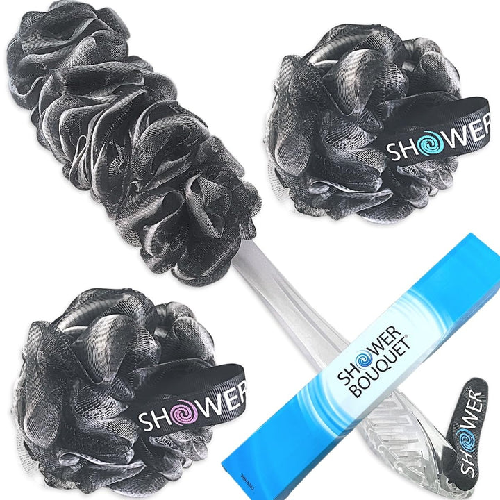 SHOWER BOUQUET Loofah-Charcoal Back-Scrubber & Bath-Sponge Set // 1 Long-Handle-Back-Brush Plus 2 Extra Large 75g Soft Mesh Loofa-Lufa-Loufa Puff Poufs, Men & Women - Exfoliate with Full Pure Cleanse