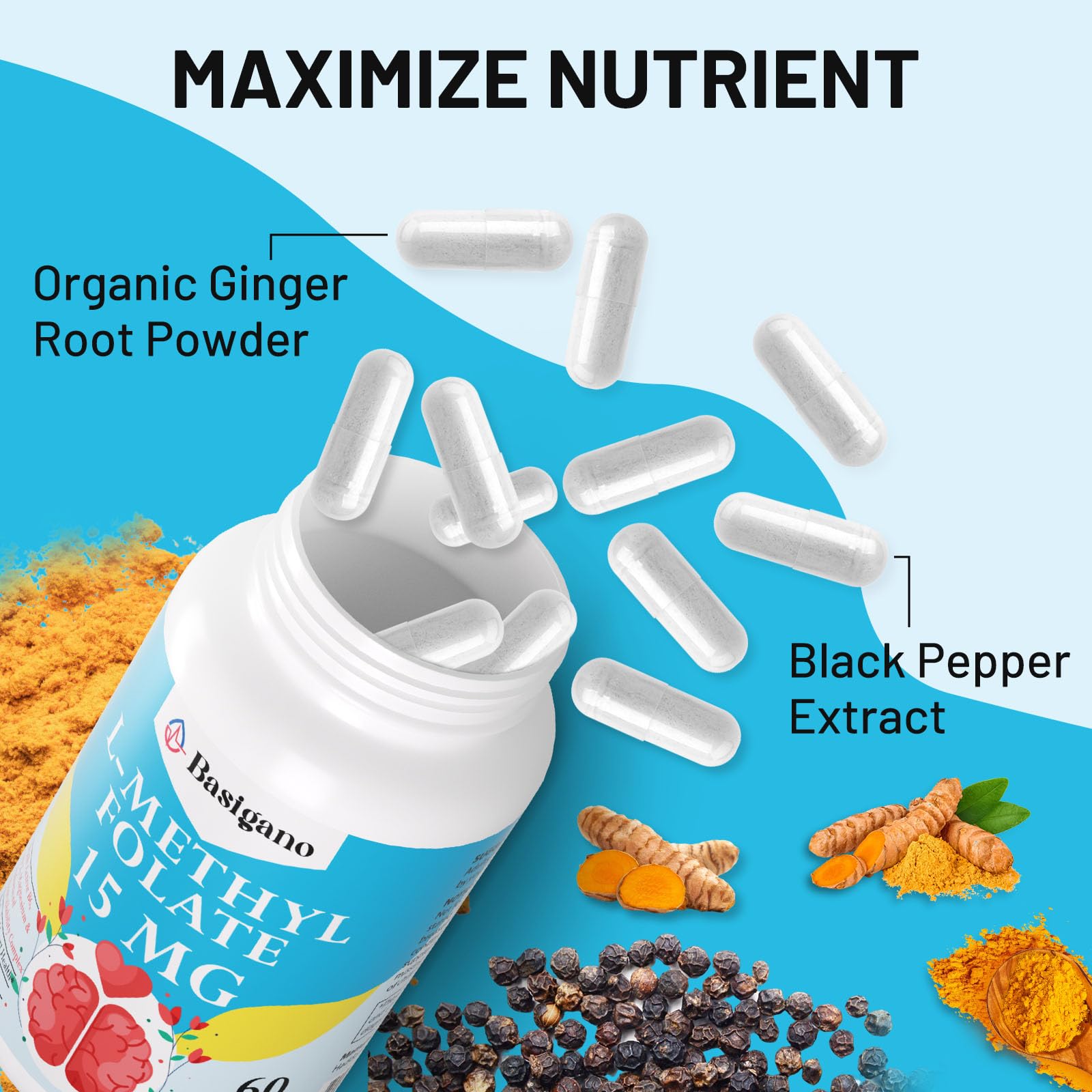 Basigano L Methylfolate 15mg (5-MTHF) - Active Folic Acid with B6 and B12 - Vegan, Gluten-Free, Dairy-Free (1 Pack)