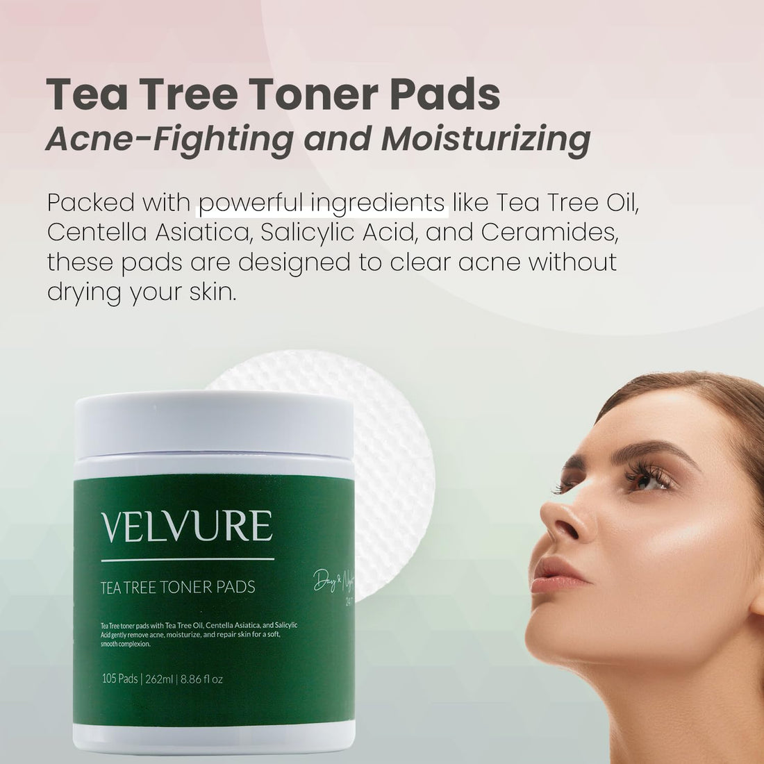 Velvure - Tea Tree Toner Pads - 105 Pads - Well Soaked & Wet - Dual Sided - Saliclyic Acid - for Exfoliation, Hydration & Acne Treatment - Soothing Irritated Skin & Inflammation - for All Skin Types