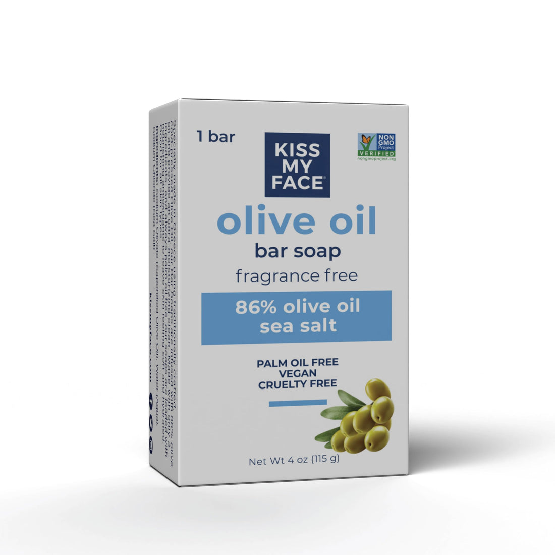 Kiss My Face Olive Oil Fragrance Free Bar Soap - Moisturizing Bar Soap - Cruelty Free Vegan Soap - Palm Oil Free - 4 oz Per Bar, 1 Pack (Packaging May Vary)
