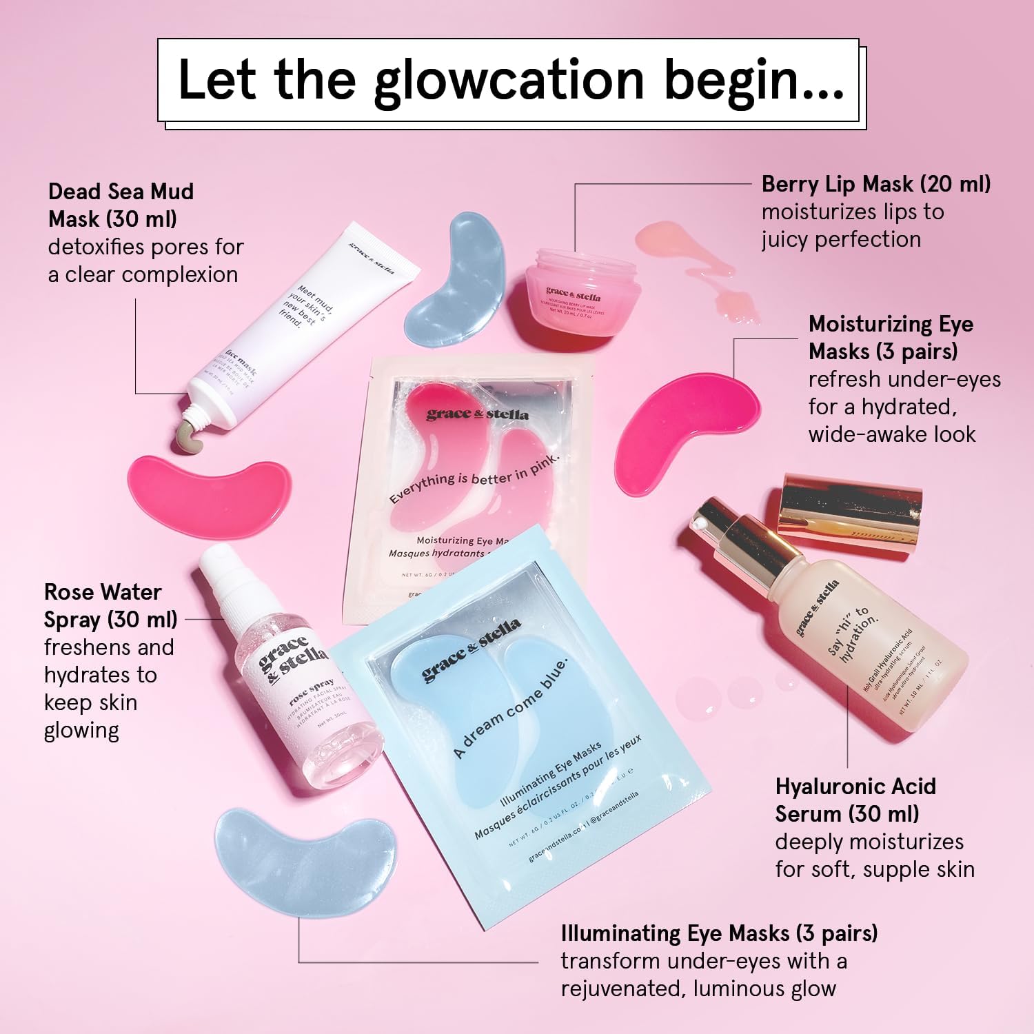 grace & stella Award Winning Mothers Day Gifts Bulk - Gifts for Women - Travel Size Toiletries with Eye Masks, Hyaluronic Acid Serum, Lip Balm & More - Anniversary, Bachelorette Party - Vegan Sef Care